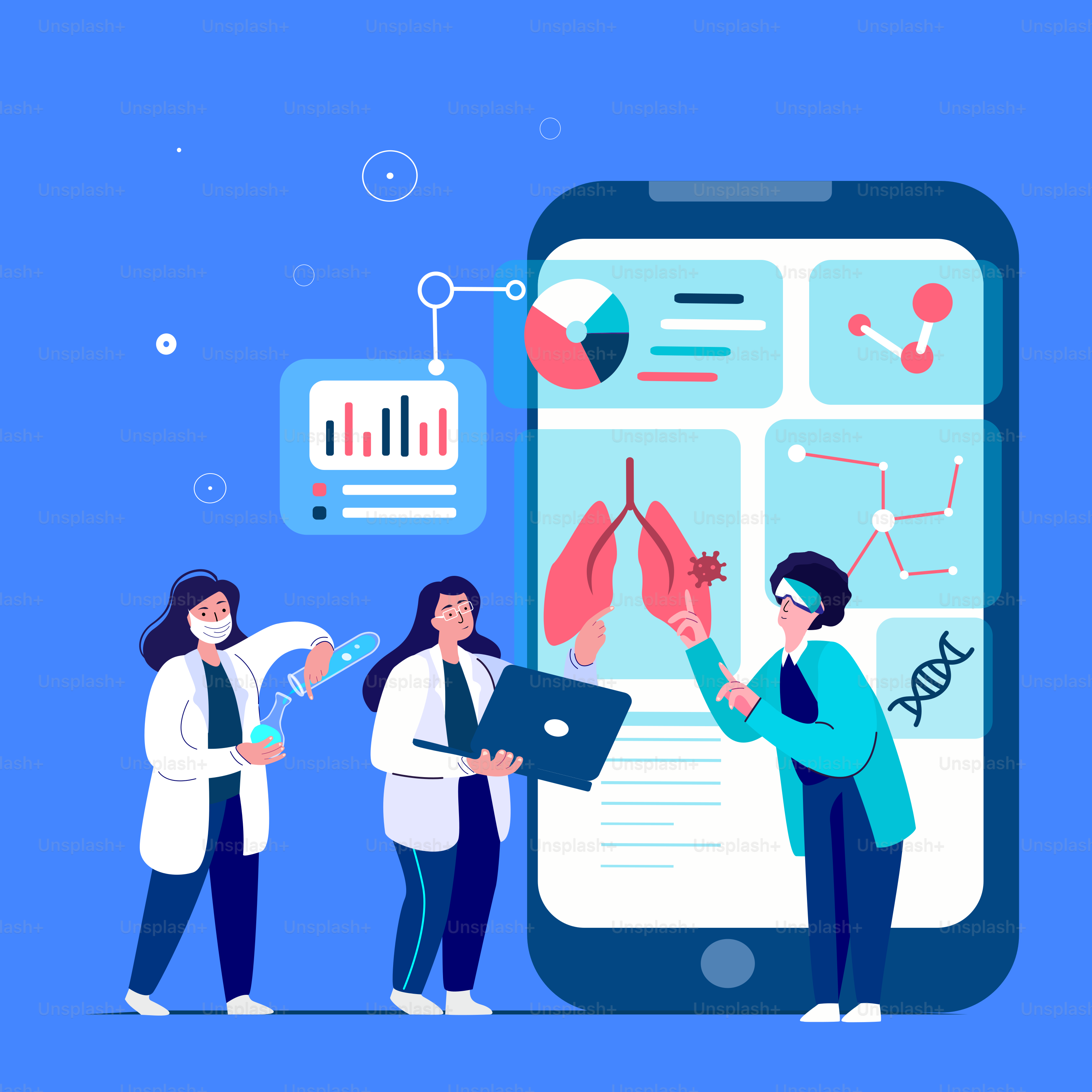 Virtual Reality Concept.Doctors Scientists Virologists Researchers in VR Headset Explore New Pharmaceutical Technologies. Medical Laboratory Examination Holograms. Test Tube,Flask. Vector Illustration