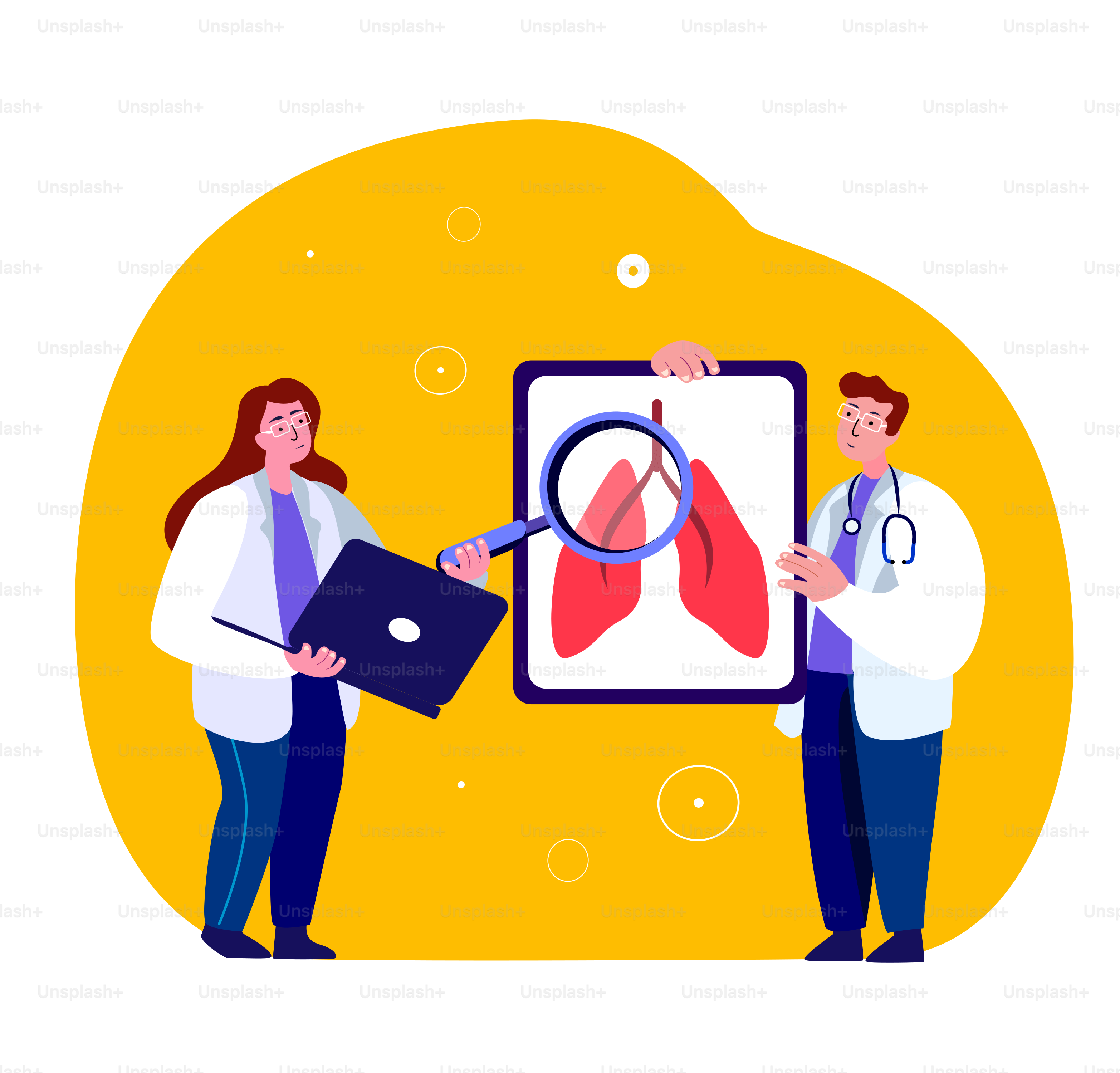 Young Adult Students Interns Analyze Respiratory System. Doctors Researchers on Scientific Consilium.Virologists Diagnose, Explore, Study Human Lungs.Medical Laboratory Examination.Vector Illustration