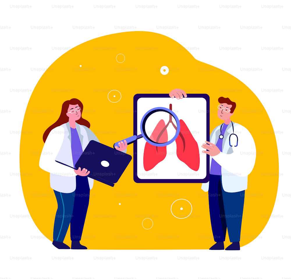 Young Adult Students Interns Analyze Respiratory System. Doctors Researchers on Scientific Consilium.Virologists Diagnose, Explore, Study Human Lungs.Medical Laboratory Examination.Vector Illustration