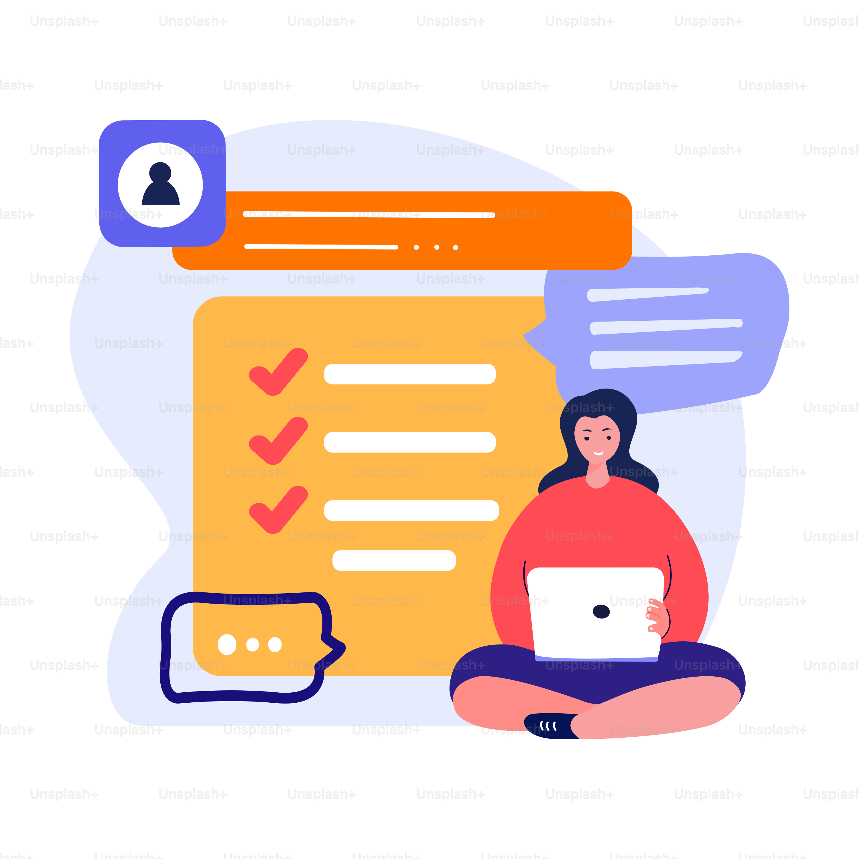 Young Woman Working Online.Planning Timetable, Corresponding. Deadline Gain.Freelancer,Remote Workplace.Distance Management Businesswoman.Virtual Chat.Internet,Laptop Computer.Flat Vector Illustration