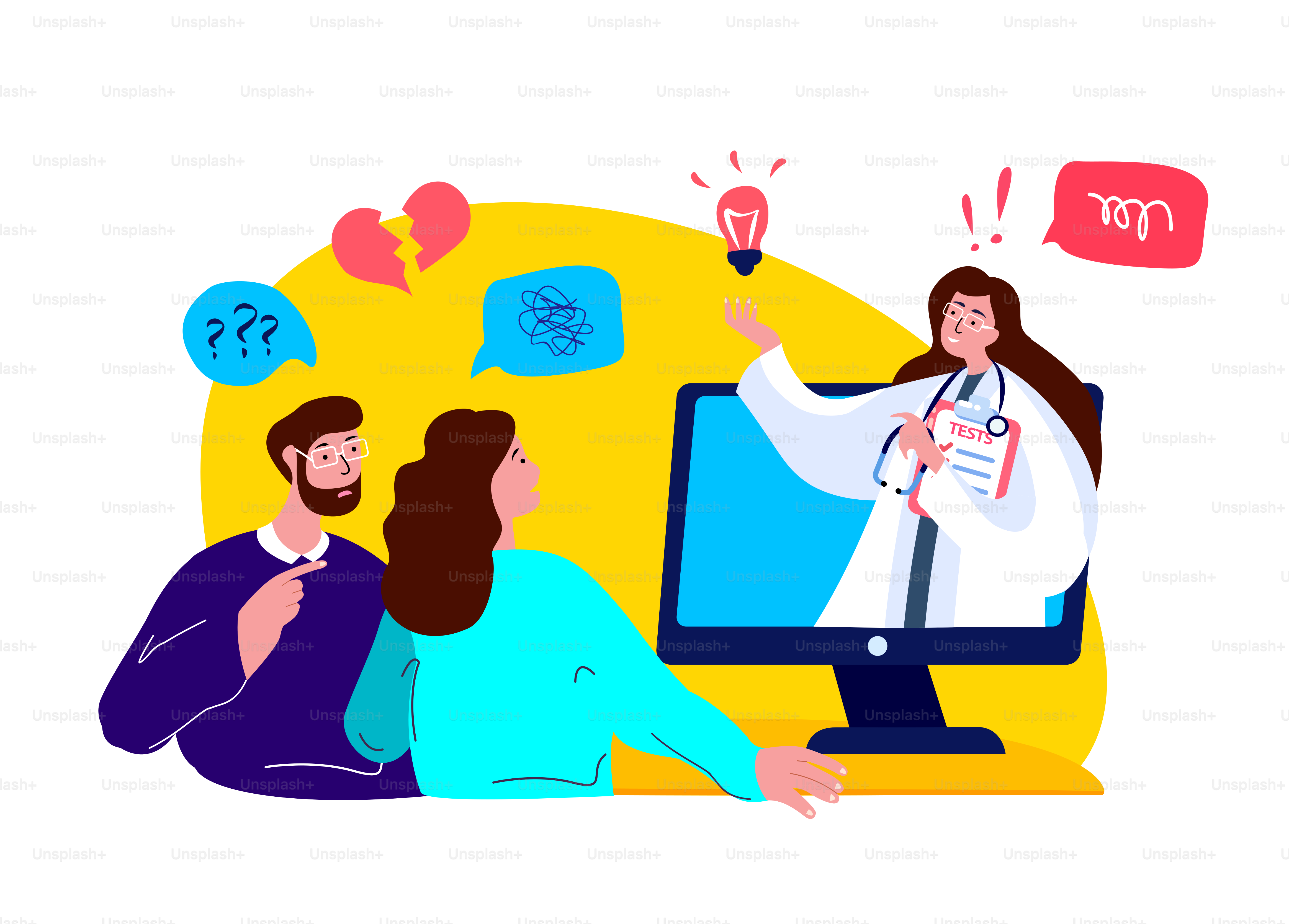 Online Psychotherapy Practice,Psychiatrist Internet Consultation.Worried Sad Dissapointed Couple,Man,Woman, Psychologist Session.Difficult Relationships.Family Crisis Treatment.Psychology Illustration