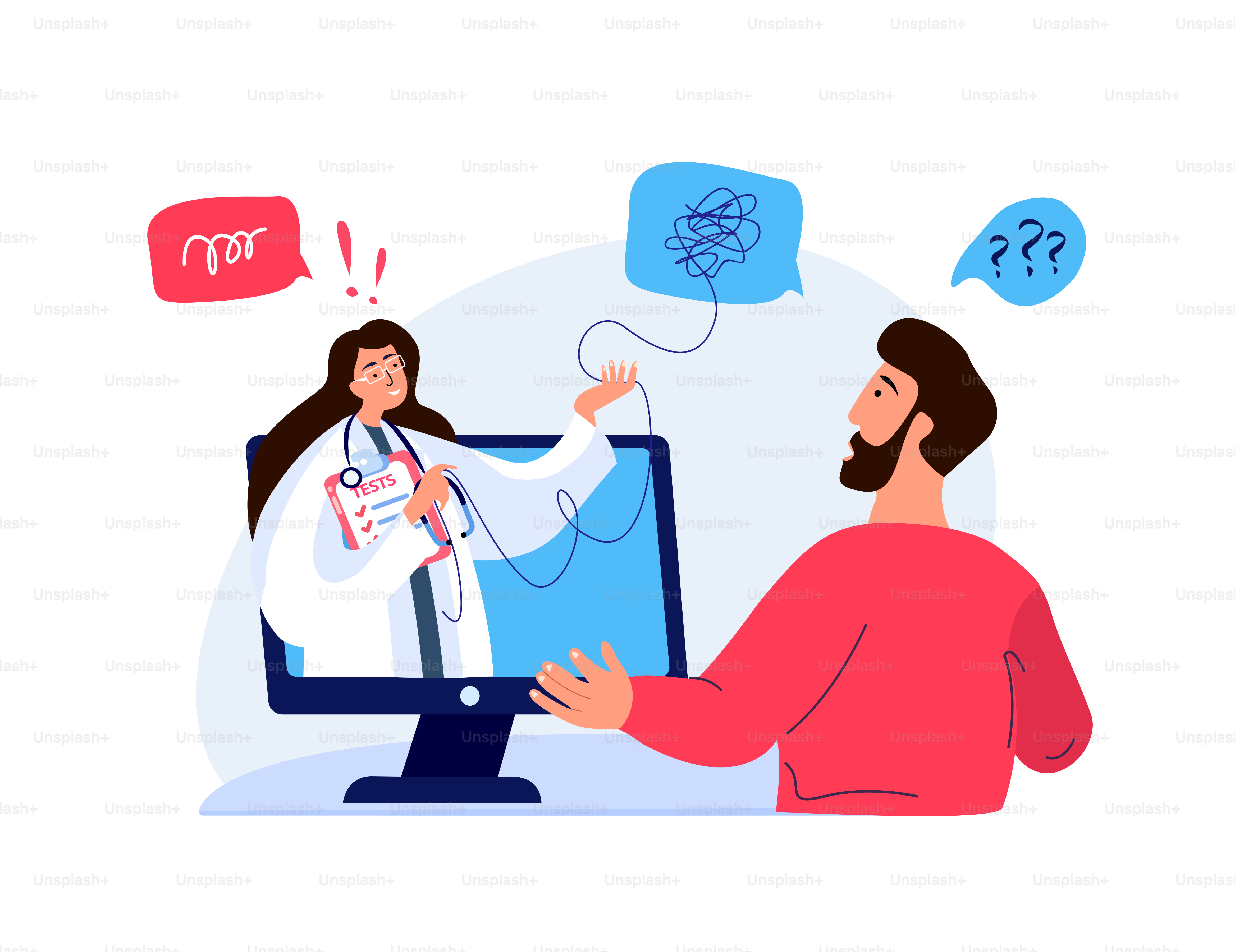 Online-Psychotherapie-Praxis, Psychiater Internet-Konsultation.Junger Mann im Laptop, Psychologe Sitzung.Psychiater helfen Patienten mit Problem.Psychoanalyse,Psychologie-Service.Vektor-Illustration
