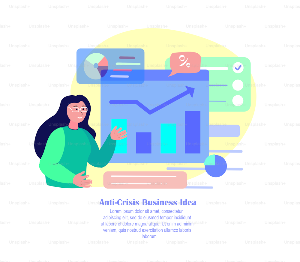 Businesswoman Presenting Anti-Crisis Concept,Bankrupt Company.Financial Benefit,Income,Interest Rate,Profit.Business Revenue Increase.Successful Interest Growth,Increase,Trade.Flat Vector Illustration