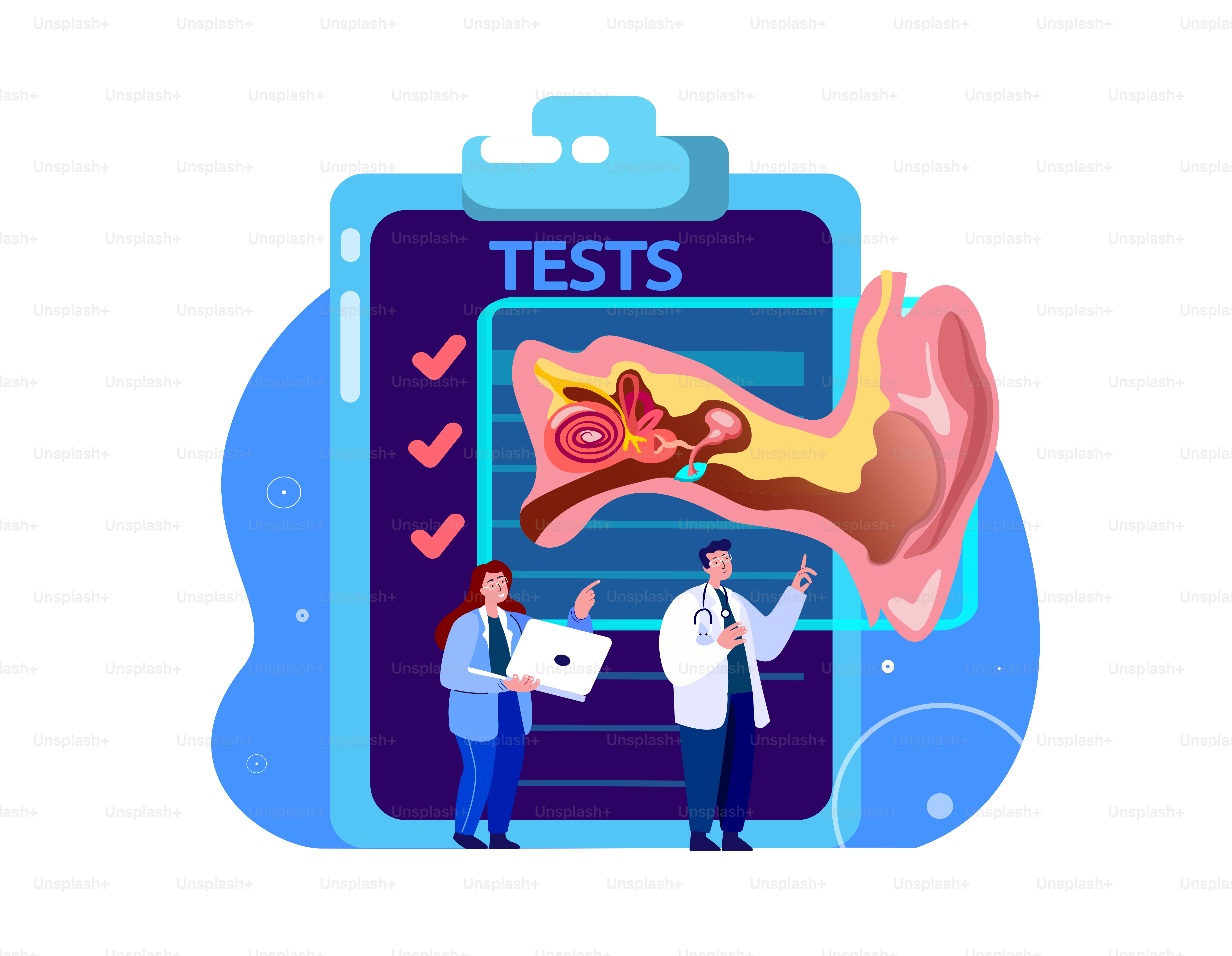Audiologe Professoren Wissenschaftler HNO-Ärzte untersuchen Tests, Analysen, Ohranatomie Struktur.Otitis Entzündung, Ohrenschmerzen.Forschung, Klinische Untersuchung.Medical Council Diagnostic.Vektor-Illustration