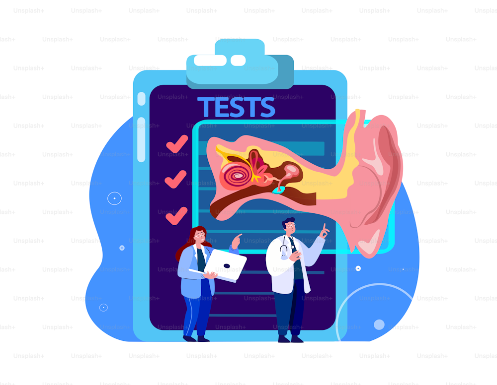 Audiologist Professors Scientists ENT-Doctors Examine Tests,Analysis,Ear Anatomy Structure.Otitis Inflammation,Ear Pain.Research , Clinical Investigation.Medical Council Diagnostic.Vector Illustration