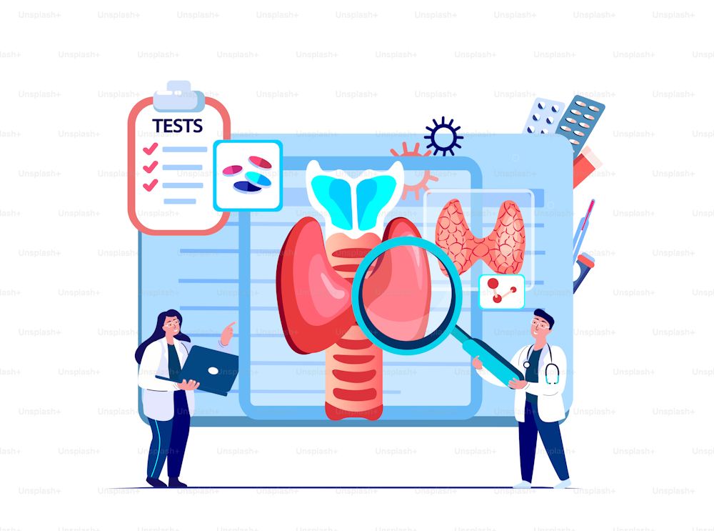 Endocrinologists Scientists Doctor Examine Thyroid,Anomalous Gland,Pineal Organ.Endocrine Research Trial.Clinical Investigation.Online Medical Council Diagnostics.Digital Treatment.Vector Illustration