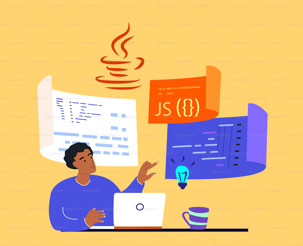 가상 프로그램, 컴퓨터 노트북 스크립트 코딩, 프로그래밍 php, python, javascript 인공 언어로 웹 개발 작업을 하는 남자 개발자 프로그래머. 소프트웨어 Developer.Flat 벡터 그림