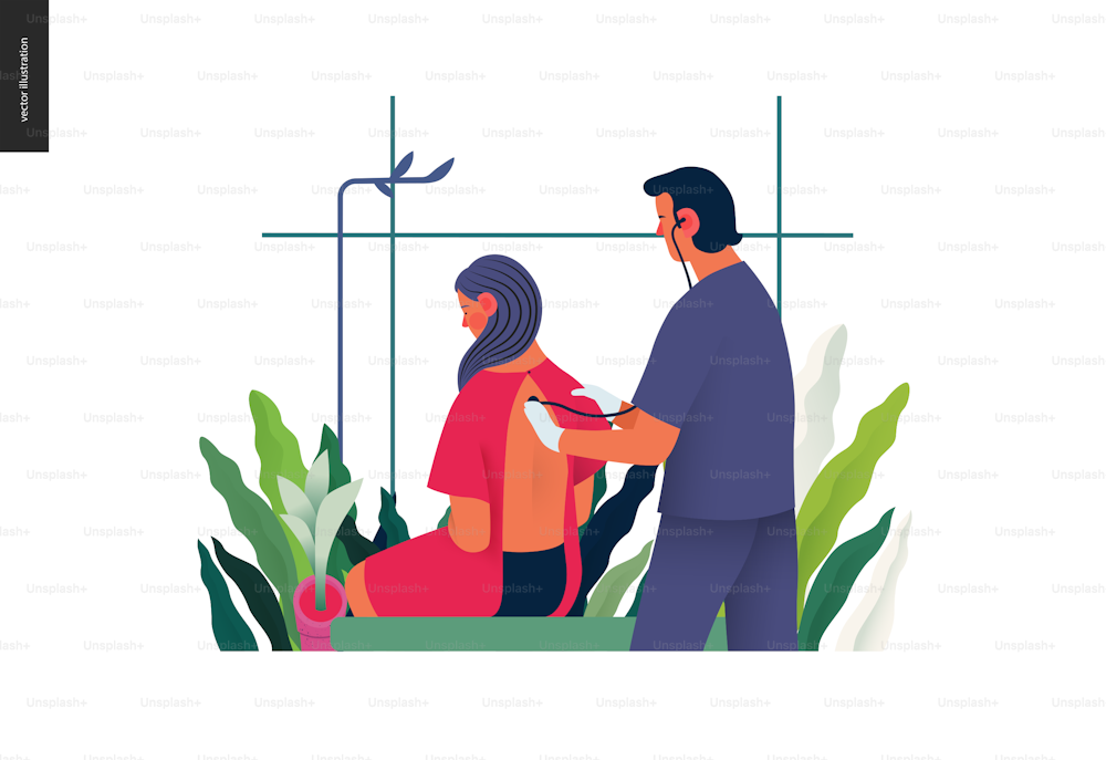 Medical tests template - auscultation - modern flat vector concept digital illustration of stethoscope examination procedure - patient and doctor carrying out procedure, medical office or laboratory