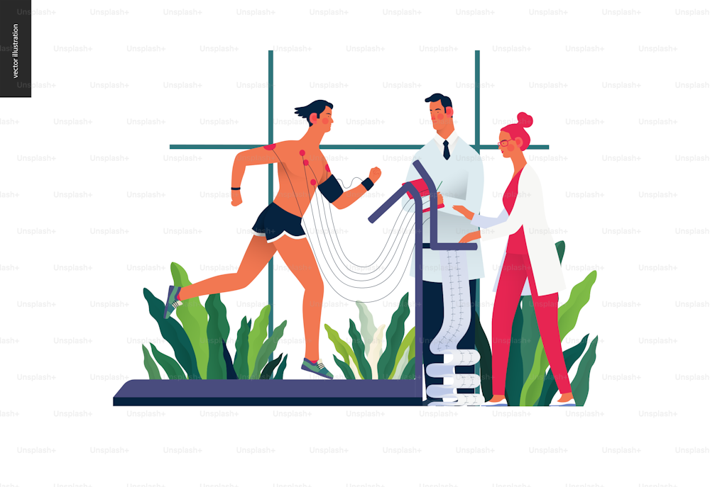 Medical tests template - cardiac stress test -modern flat vector concept digital illustration of stress test procedure -patient with sensors on treadmill and doctors carrying out procedure, laboratory