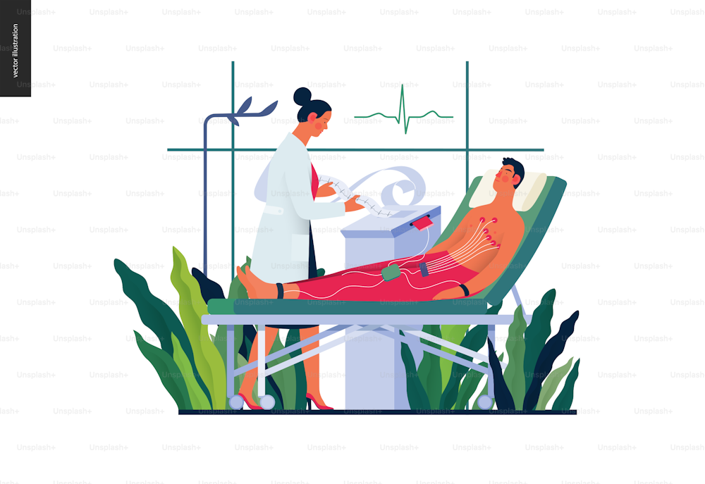 Modello di test medici -Test ECG -moderno concetto di vettore piatto illustrazione digitale della procedura di elettrocardiografia -paziente con sensori e medico che esegue la procedura, studio medico o laboratorio