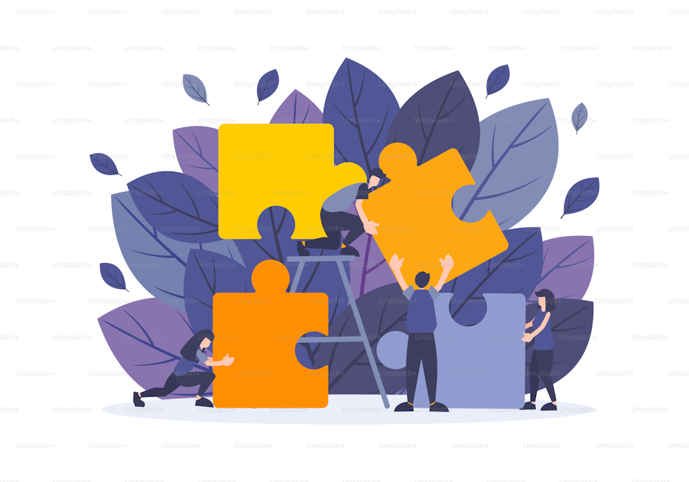 Business flat illustration with people work with big puzzle elements. Concept of problem solving, strategy, teamwork, partnership, connect, challenge and management solution.