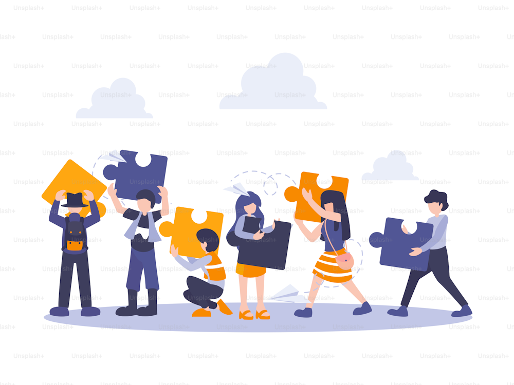 People connecting puzzle elements. Vector illustration business concept. Team metaphor flat design style. Symbol of teamwork, cooperation, partnership.