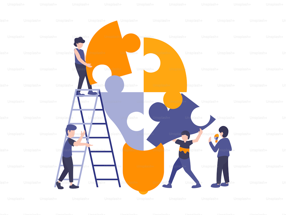 People connecting puzzle elements to build a light bulb. Vector illustration business concept. Team metaphor flat design style. Symbol of teamwork, cooperation, partnership.