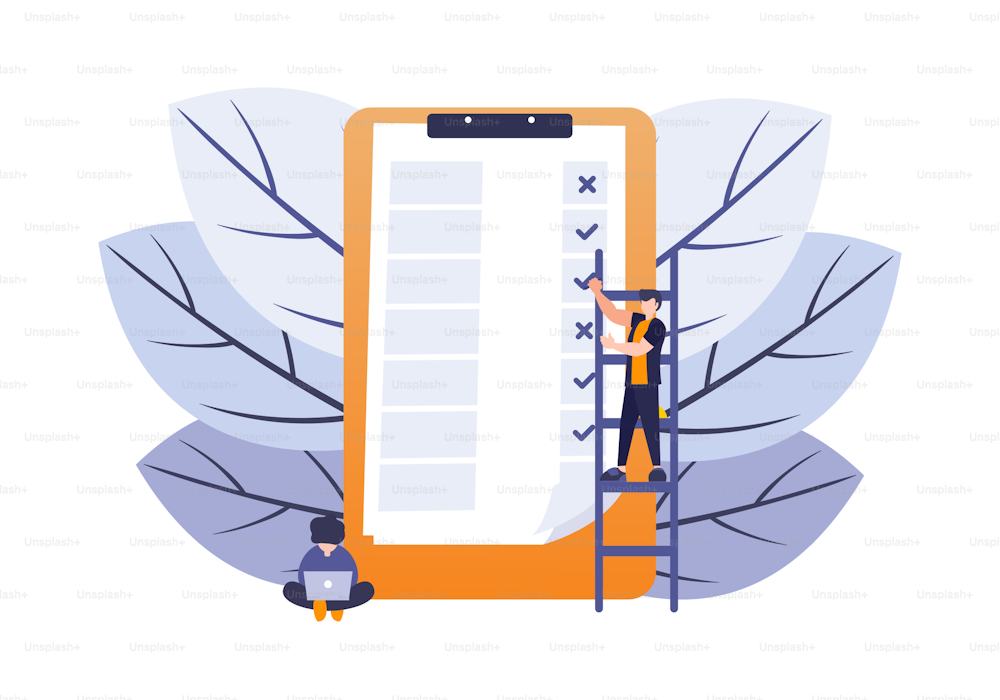Vector illustration of little people fill out a form of paper check list. modern concept for web banners, infographics, websites, printed products. To do list board business metaphor.