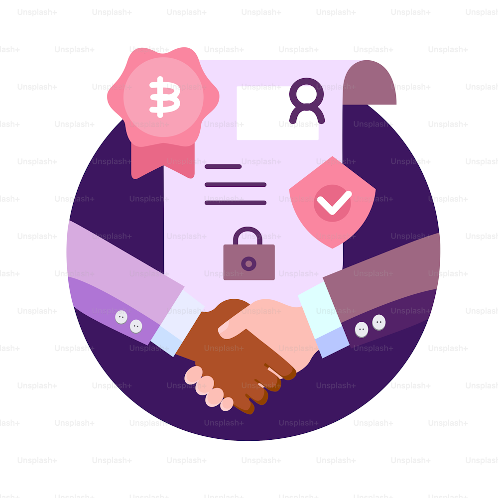 Blockchain innovation technology agreement business concept. Handshake community trust, transparency, security, accessibility, Cryptocurrency smart conctract High technologies Flat vector illustration