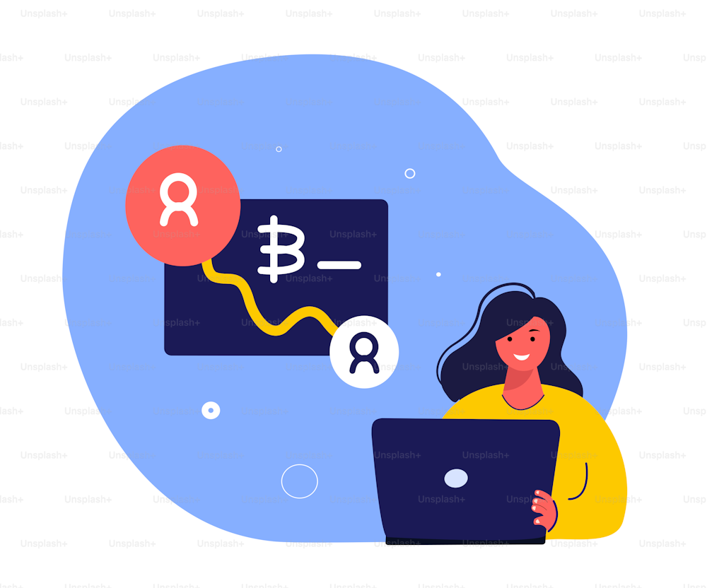 Blockchain Innovation Technology Agreement.Businesswoman Freelancer.Cryptocurrency Bitcoin Smart Blockchain Conctract.Online Digital Cryptocurrency. Start up High Technologies.Flat vector illustration