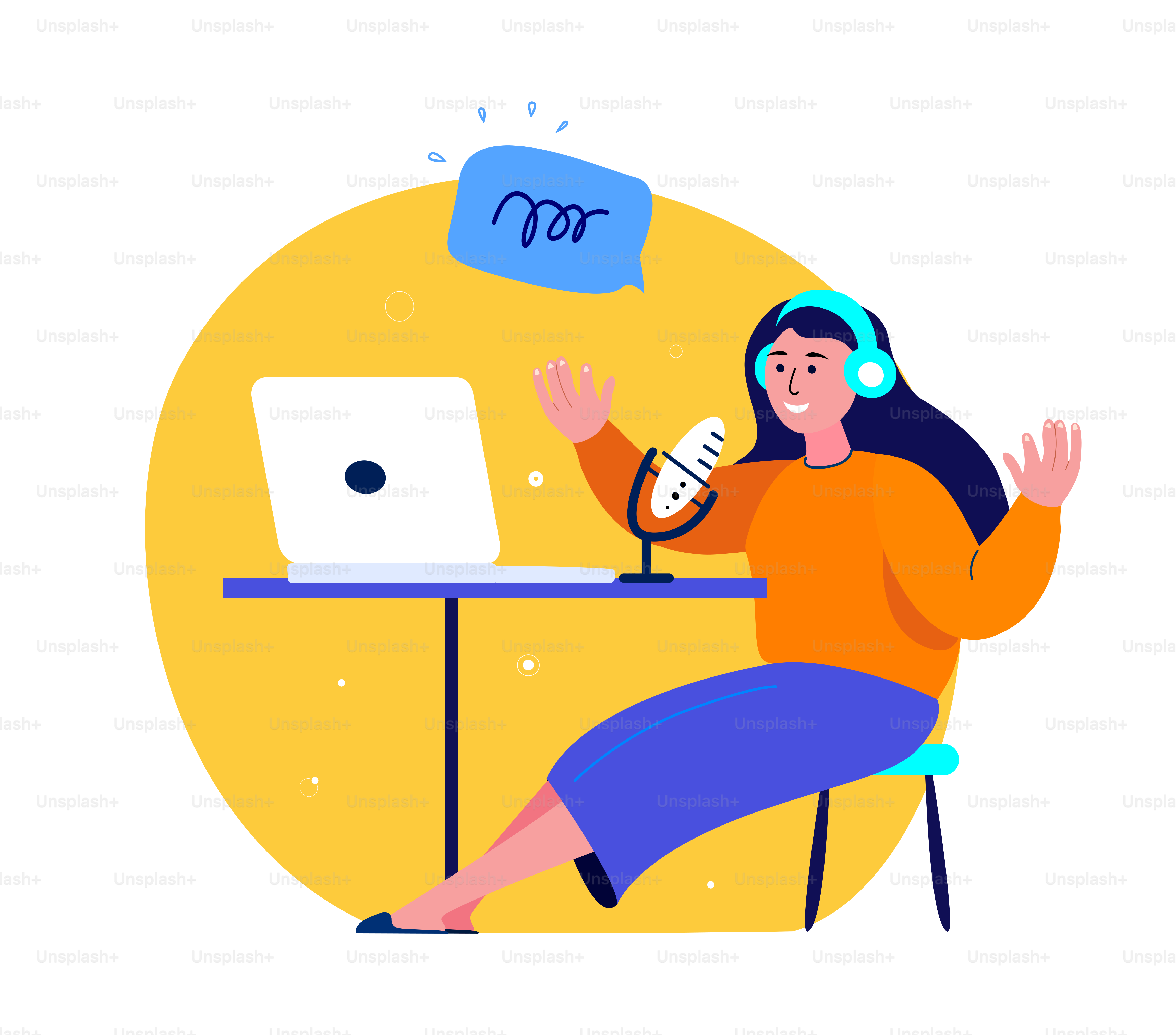 Podcast di blogging online. Donna con le cuffie che parla al microfono, conduttrice radiofonica mediatica. Internet del portatile. Blogger, podcaster, conduttore di Workspace. Comunicazione divertente. Illustrazione vettoriale piatta.