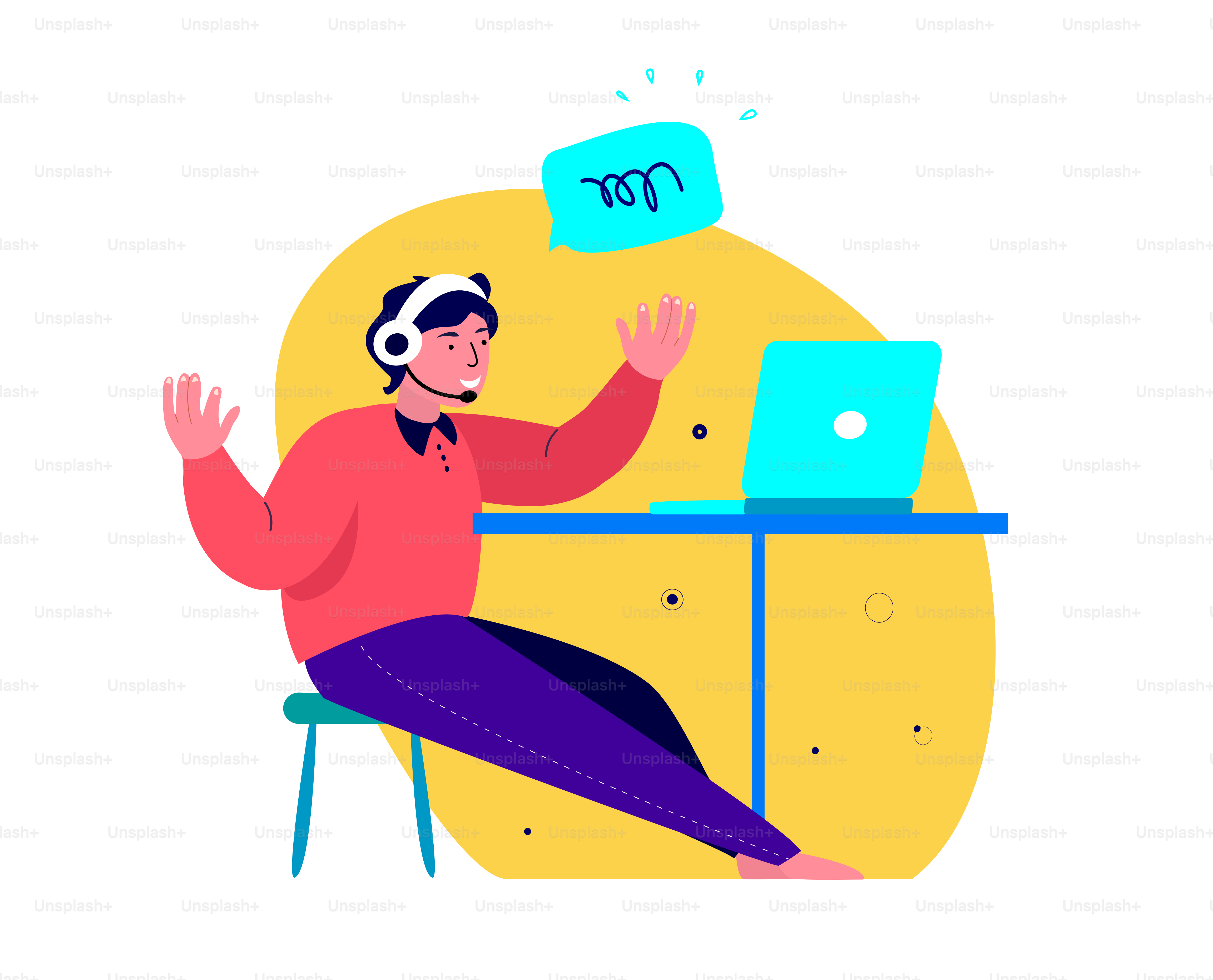 Podcast di blogging online. Uomo con le cuffie che parla al microfono, conduttore radiofonico dei media. Discussione su Internet per laptop. Blogger, podcaster, conduttore di Workspace, Comunicazione. Illustrazione vettoriale piatta.