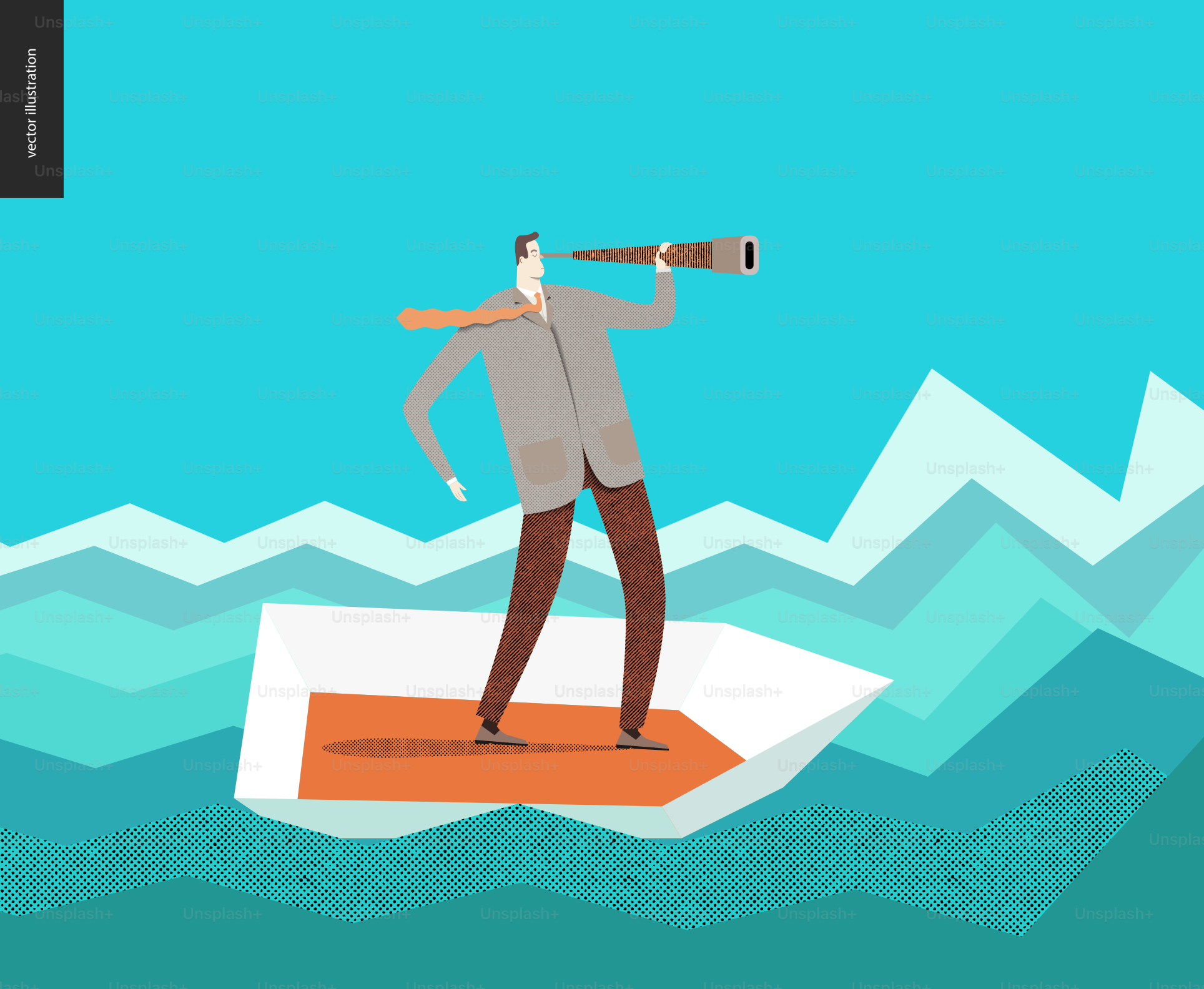 Homme d’affaires avec un télescope dans un bateau. Illustration conceptuelle vectorielle plate d’un homme en costume, regardant à travers le télescope, debout dans un petit bateau, entouré de vagues tranchantes, comme un graphique.