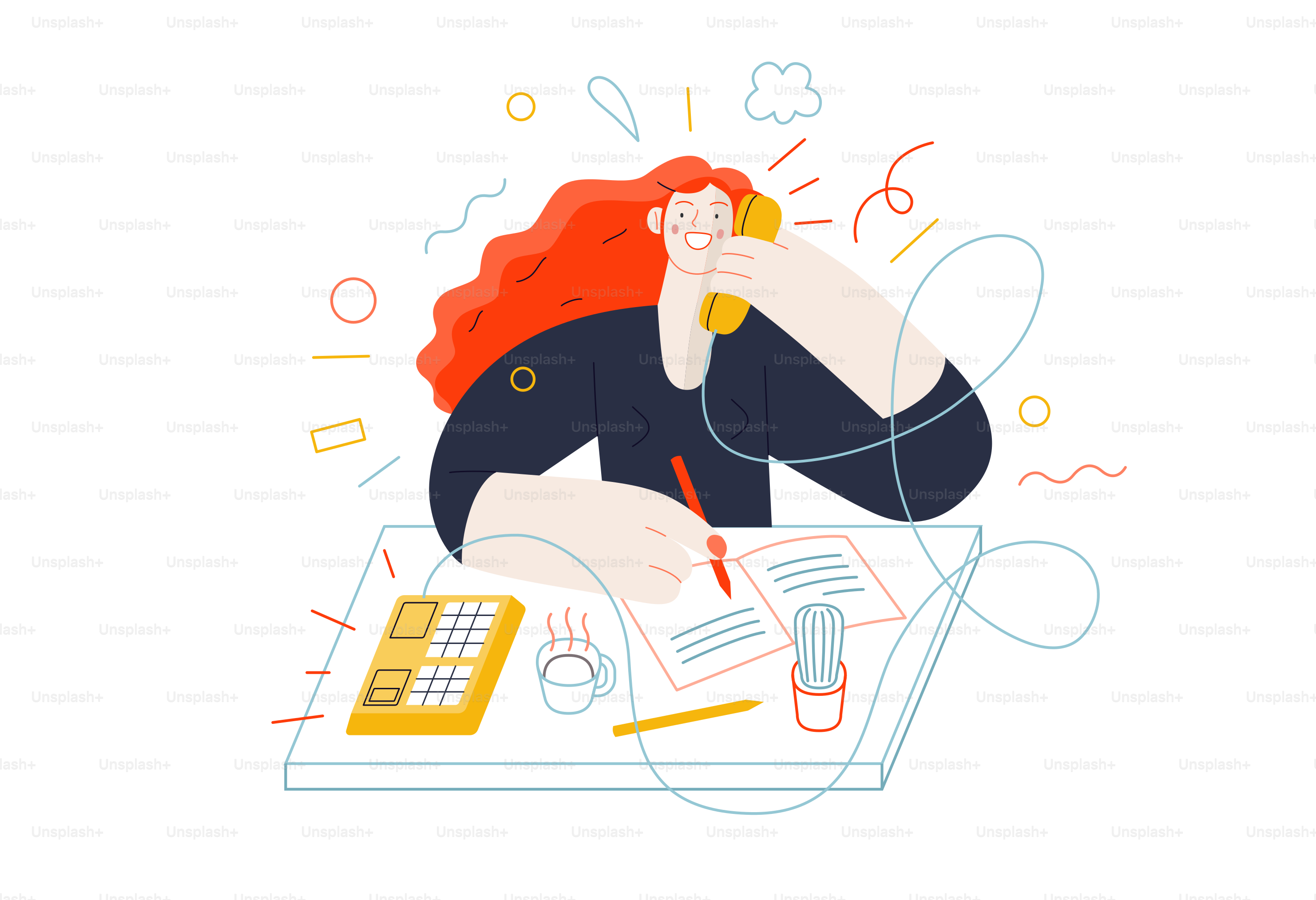 Business topics - client calls. Flat style modern outlined vector concept illustration. A red-haired woman talking to a client by the phone at the office desk. Business metaphor.