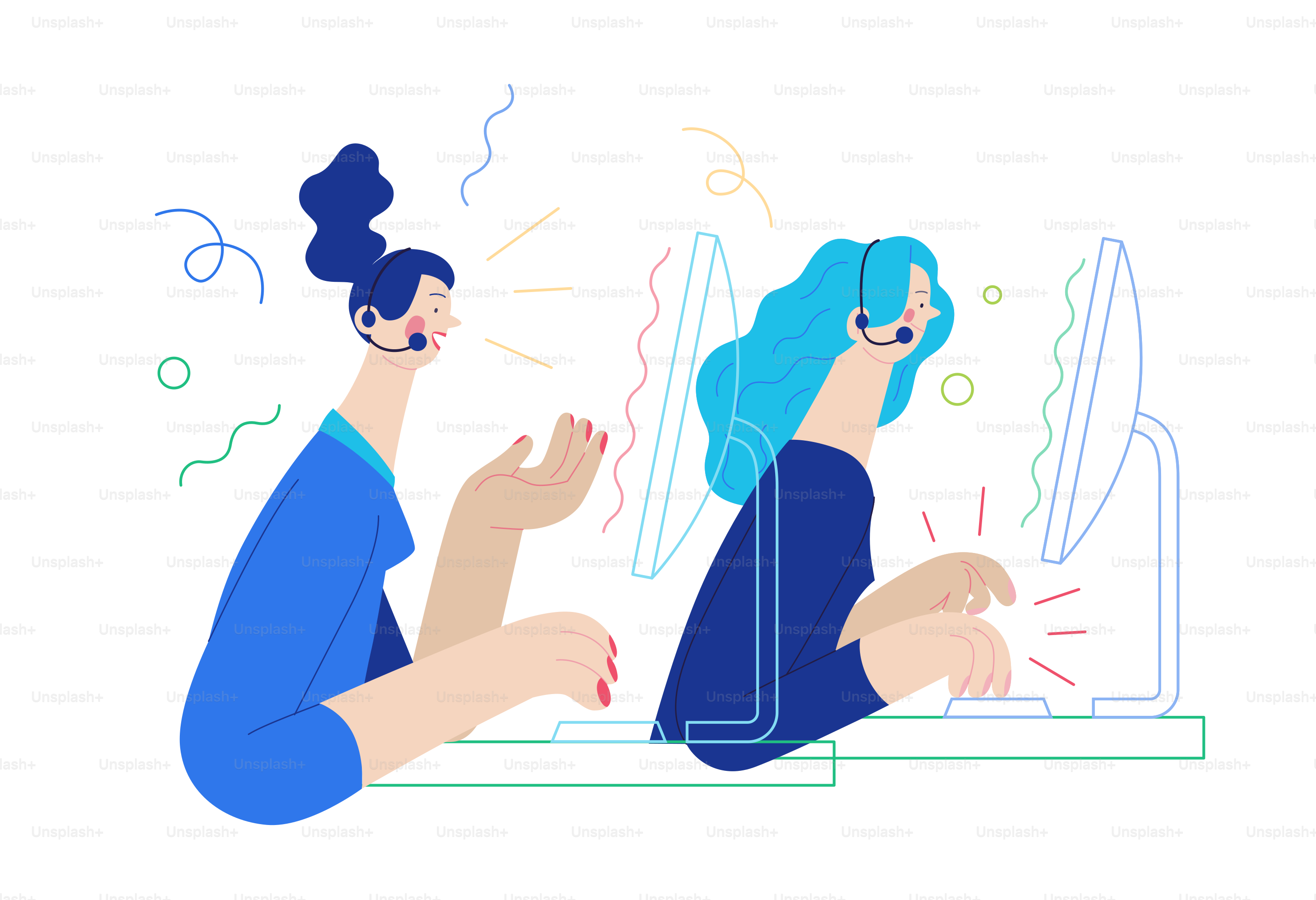 Business topics - call center. Flat style modern outlined vector concept illustration. Two young women at the computers wearing headsets talking to the clients by the phone. Business metaphor.