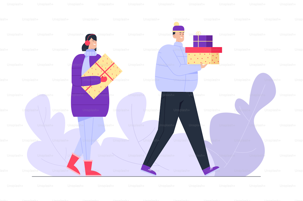 Male and Female Characters Prepare Presents for Family and Friends on Winter Holidays or Birthday Celebration. Happy People Carry Gift Boxes Wrapped with Festive Bow. Cartoon Flat Vector Illustration