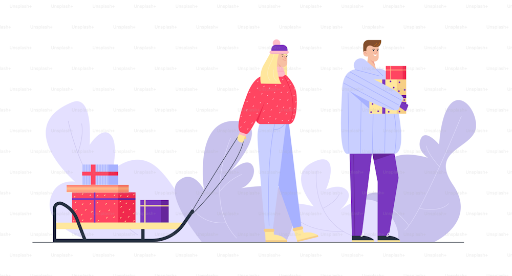 Winter Holidays Shopping and Preparation for Christmas and New Year Celebration. Happy People Buying Gifts for Friends and Family. Woman Pull Sled with Giftboxes. Cartoon Flat Vector Illustration