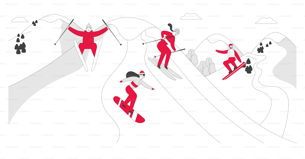 Wintertime Activity. Young People in Sportive Costumes Going Downhill by Skis and Skateboards at Winter Time Resort. Outdoors Leisure and Sports Sparetime. Cartoon Flat Vector Illustration, Line Art