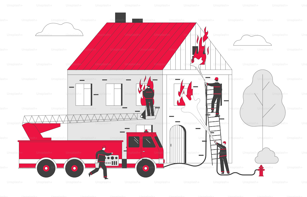 Firemen Fighting with Blaze Working as Team to Fight with Big Fire at Burning House, Male Characters in Uniform Spraying Water from Fire Fighter Truck Hose. Cartoon Flat Vector Illustration, Line Art