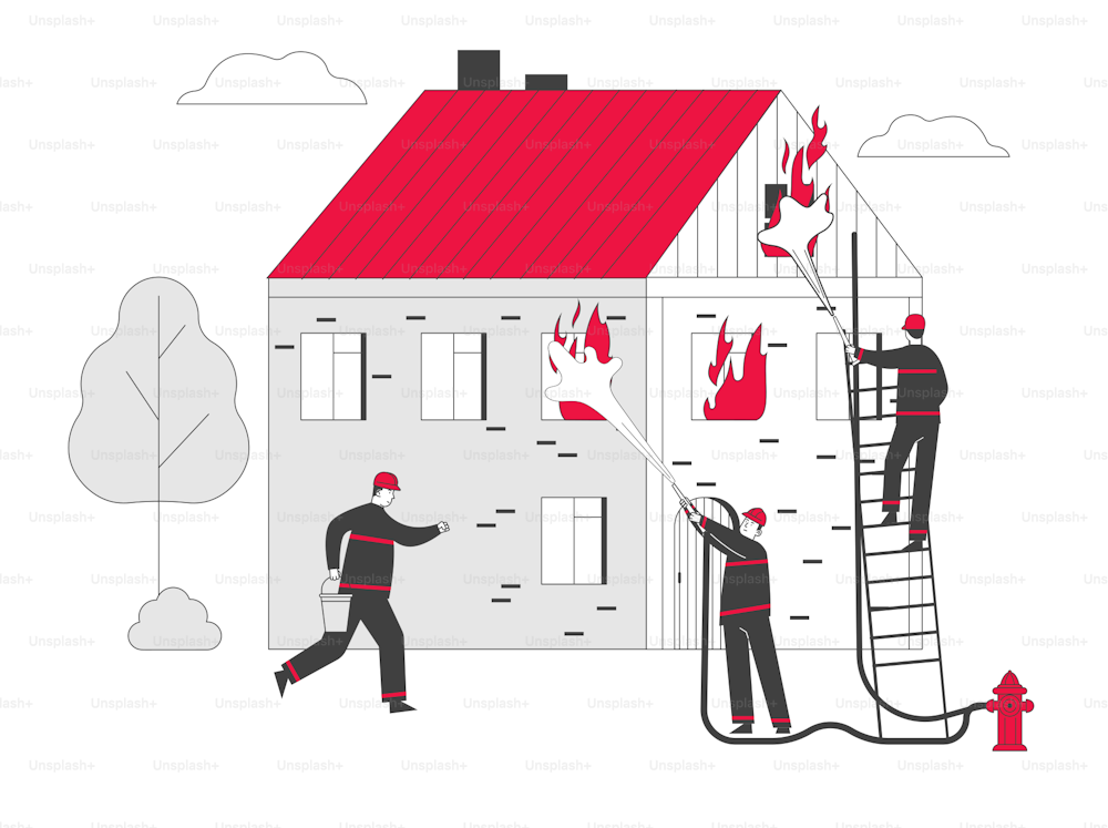 Group of Firemen Fighting with Blaze at Burning House. Male Characters Team in Firefighters Uniform Extinguish with Big Fire, Carry Buckets with Water. Cartoon Flat Vector Illustration, Line Art