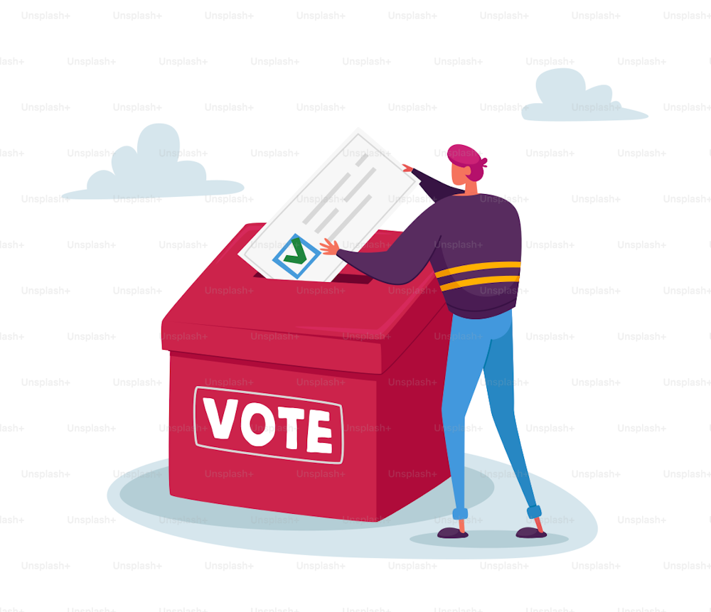 Man Put Huge Paper Ballot with Green Tick in Box. Vote, Election or Social Poll Concept. Tiny Voter Male Character Casting Ballots at Polling Place During Political Voting. Cartoon Vector Illustration