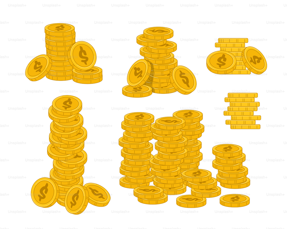 하얀 배경에 고립된 황금 동전 더미. 사업 부, 돈, 이익 또는 금융 성공의 개념. 통화, 금 달러, 소득 또는 저축. 럭셔리한 라이프. 만화 벡터 일러스트레이션