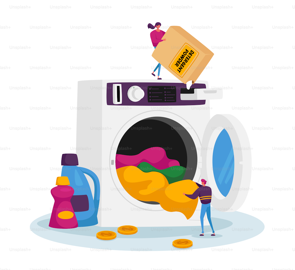 Tiny Male and Female Characters in Public Laundry Loading Dirty Clothing and Detergent Powder to Huge Laundromat or Washing Machine. Launderette Cleaning Service. Cartoon People Vector Illustration