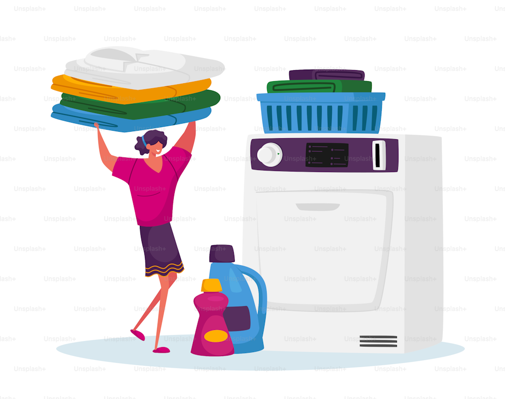 Industrial or Domestic Launderette Washing, Cleaning Service. Female Character in Public Laundry Laying Clean Clothes to Basket. Tiny Woman Use Huge Laundromat Machine. Cartoon Vector Illustration