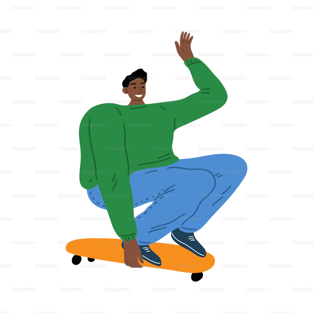 Black-haired happy smiling man in blue pants balancing on a skateboard before doing a jumping trick. Isolated vector icon illustration on a white background in cartoon style.