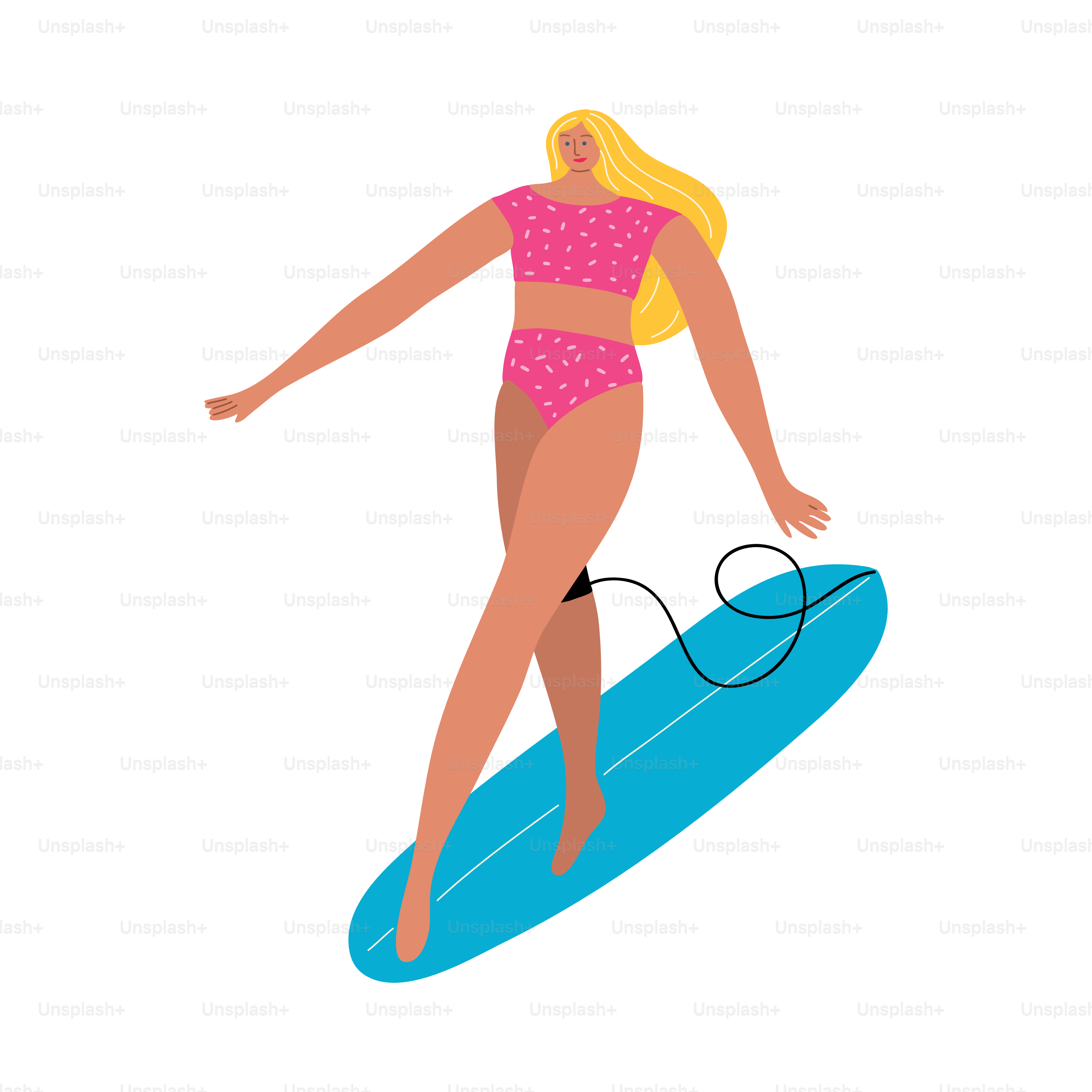 Felice donna surfista dai capelli biondi sorridente in un costume da bagno rosso in piedi su una tavola da sup. Illustrazione isolata su sfondo bianco in stile cartone animato.