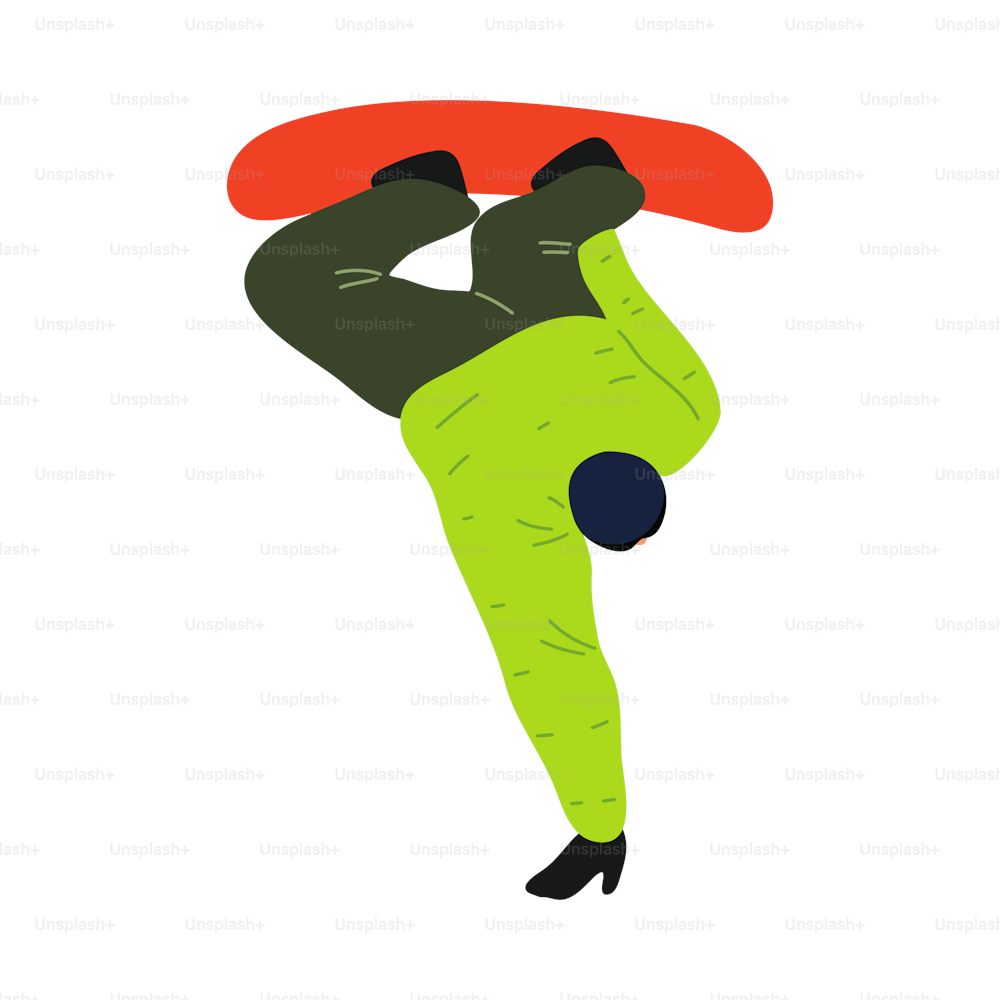 Menino snowboarder em jaqueta verde pulando na prancha de snowboard. Conceito de desporto de inverno radical. Ilustração vetorial isolada no fundo branco no estilo dos desenhos animados.