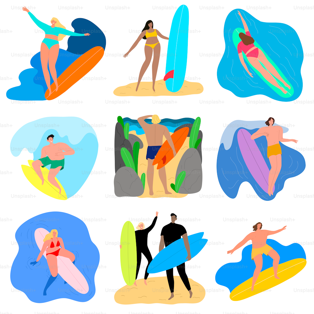 Collection set of surfboarders riding on waves, surfer men and women with surfboards in different action situations. Isolated vector icon illustration on a white background in cartoon style.