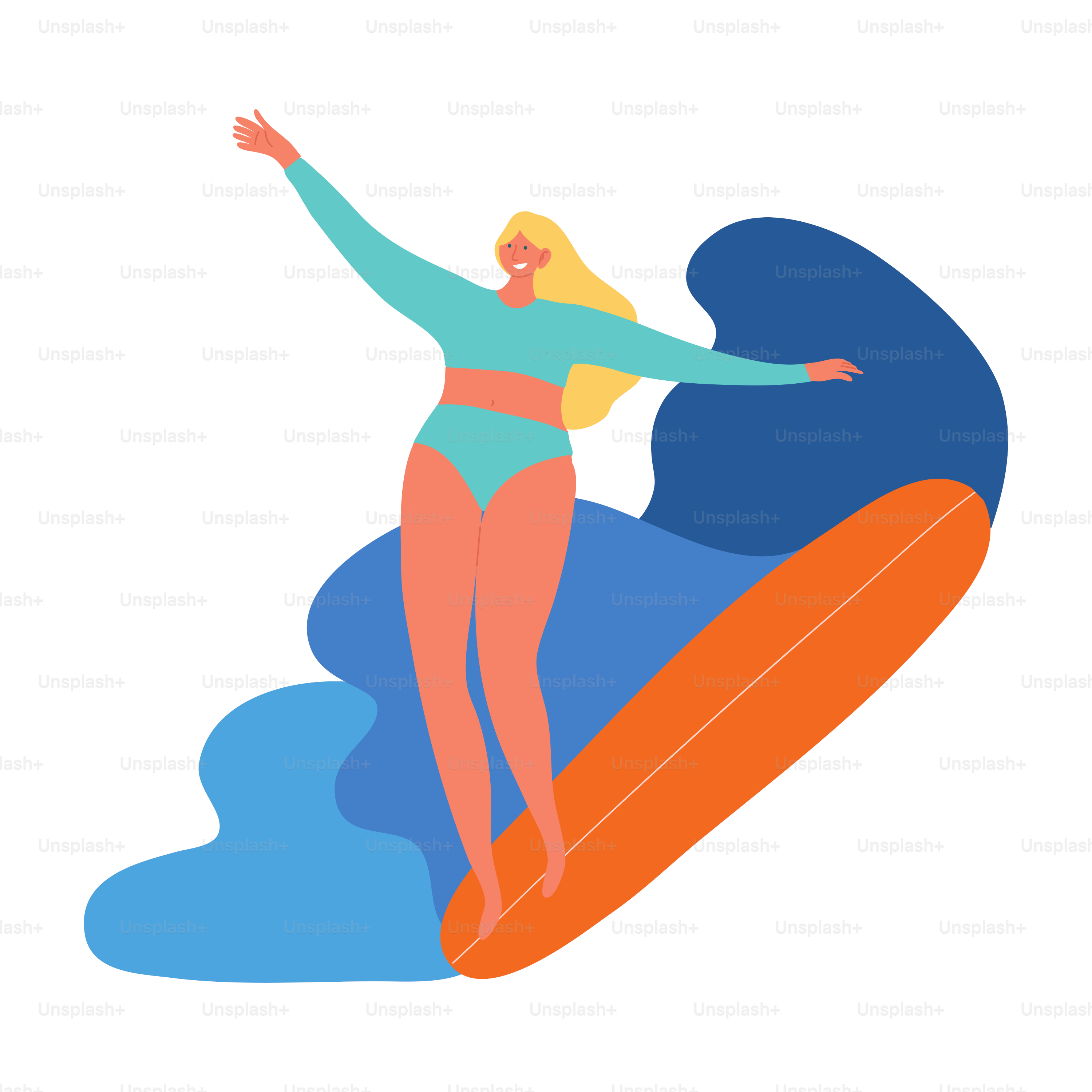 Blond-haired surfer girl character in a blue swimsuit with surfboard riding on waves. Isolated vector icon illustration on a white background in cartoon style.