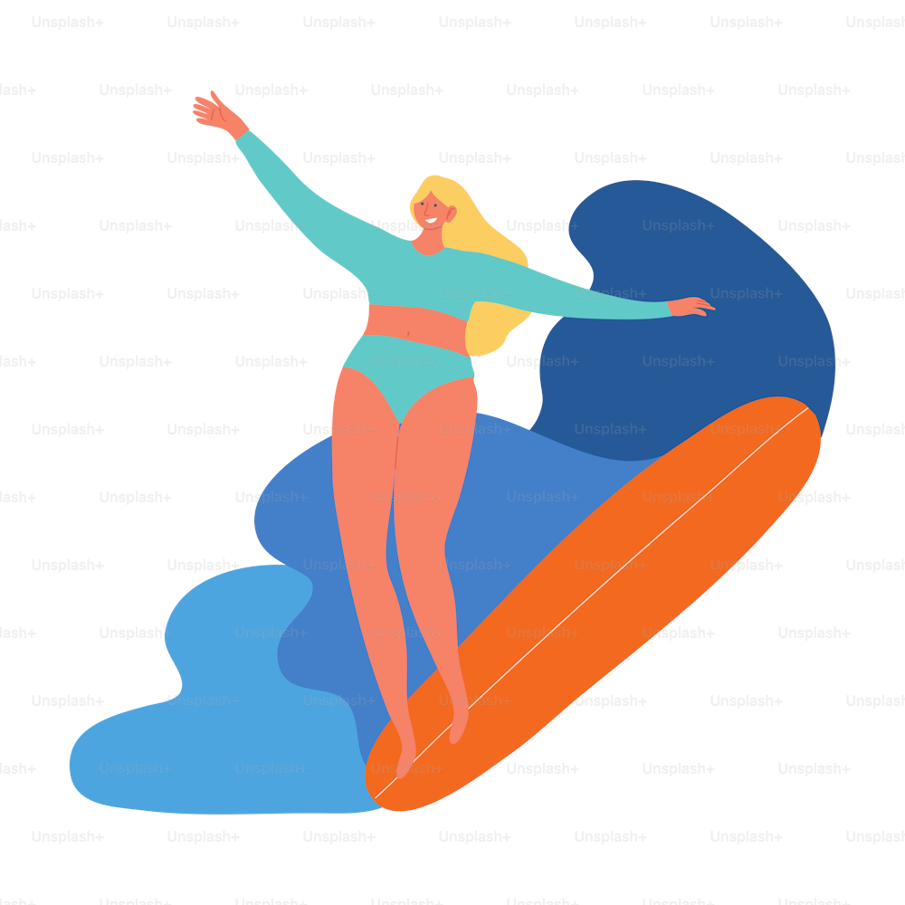 Blondhaarige Surfer-Girl-Figur in einem blauen Badeanzug mit Surfbrett, das auf Wellen reitet. Isolierte Vektorsymbol-Illustration auf weißem Hintergrund im Cartoon-Stil.