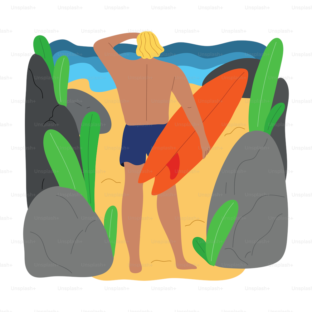 Blond-haired surfer man character in blue swim shorts standing on a beach between rocks with a surfboard. Isolated vector icon illustration on a white background in cartoon style.
