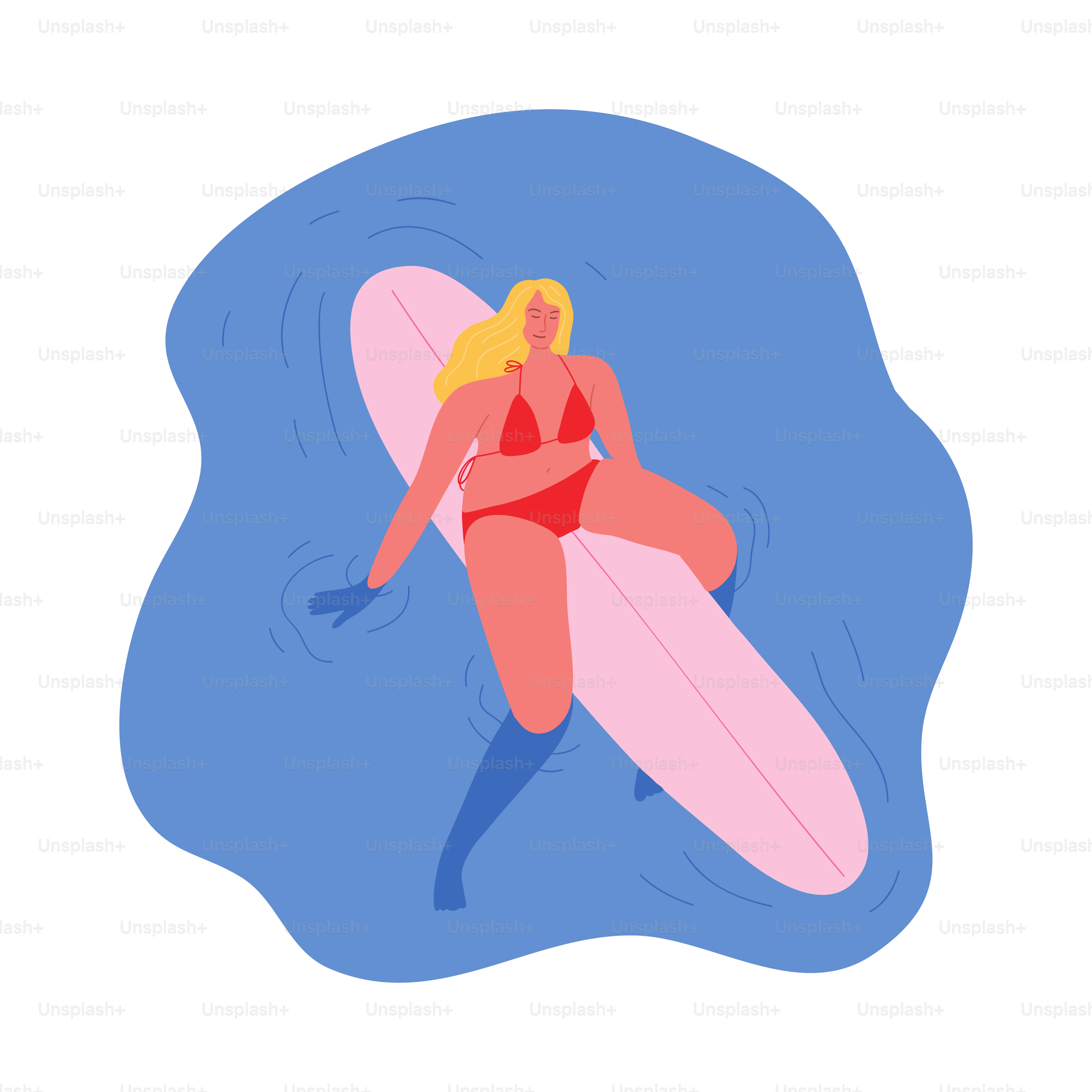 Blond-haired cute girl surfer with long hair swims sitting on a surfboard. Young surfer in a red swimsuit. Isolated vector icon illustration on a white background in cartoon style.