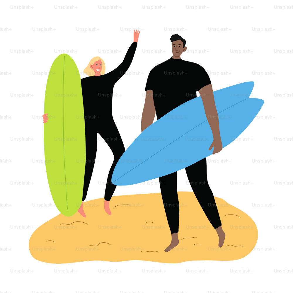 Happy smiling surfer men characters in black wetsuits standing on a beach with surfboards. Isolated vector icon illustration on a white background in cartoon style.