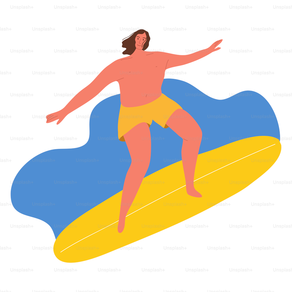 Happy smiling brown-haired surf guy with surfboard riding on waves. Surfer in yellow shorts. Isolated vector icon illustration on a white background in cartoon style.