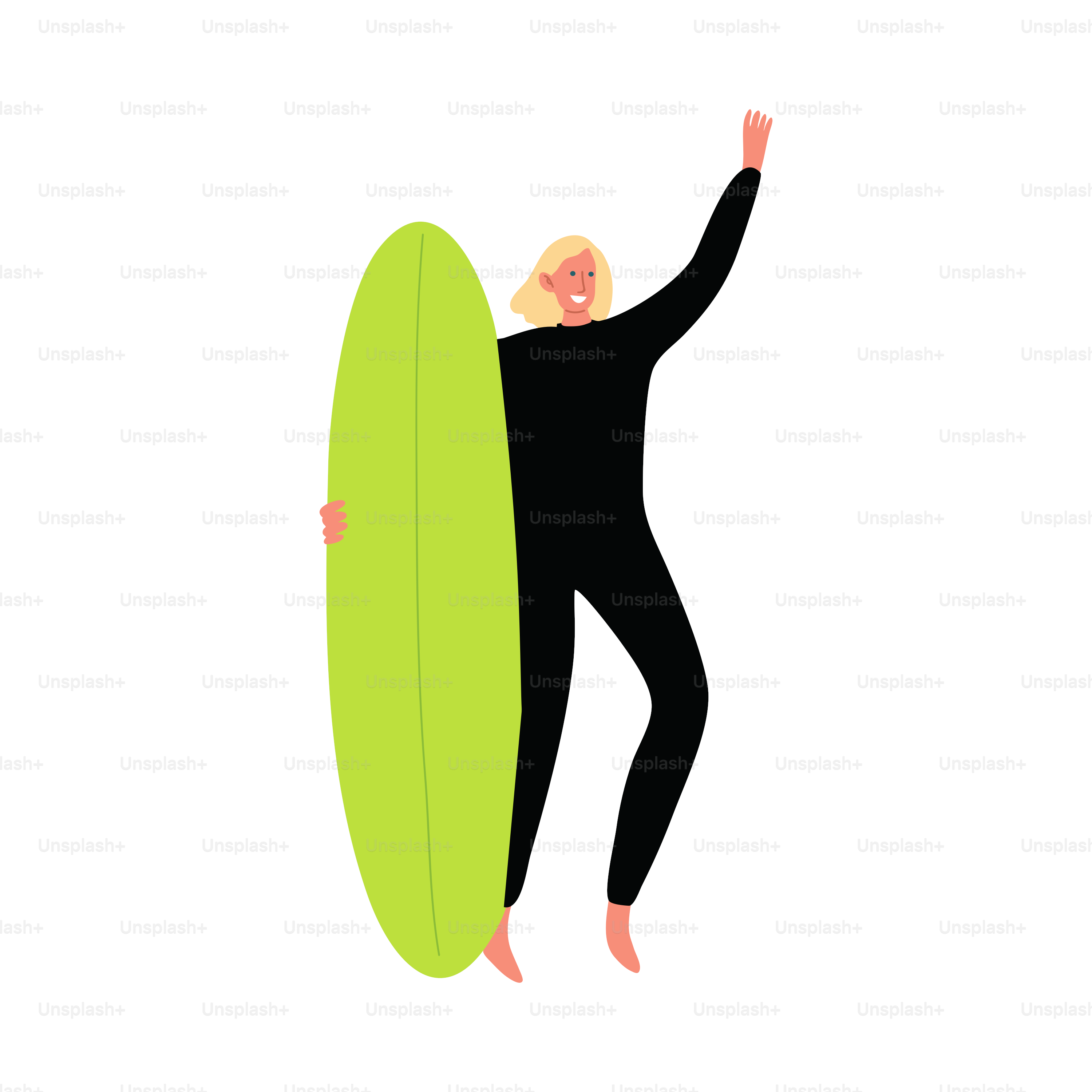Blond-haired surfer man character in a black wetsuit standing on a beach with a surfboard and gesturing by hand. Isolated vector icon illustration on a white background in cartoon style.