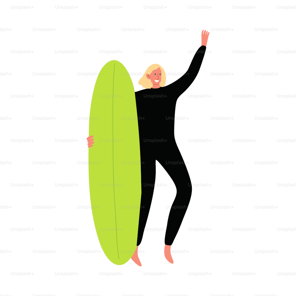 Personagem do surfista de cabelos loiros em um traje de mergulho preto em pé em uma praia com uma prancha de surf e gesticulando à mão. Ilustração isolada do ícone vetorial em um fundo branco no estilo dos desenhos animados.
