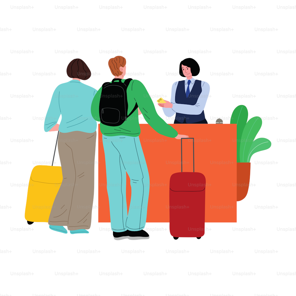 Tourists man and woman standing with travel stroller suitcases in the hotel reception. Tourists with luggage concept. Isolated vector icon illustration on white background in cartoon style.