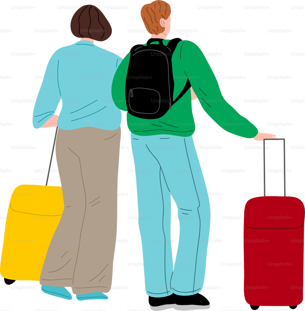 Happy smiling tourists man and woman standing with travel stroller suitcases. Tourists with luggage concept. Isolated vector icon illustration on white background in cartoon style.