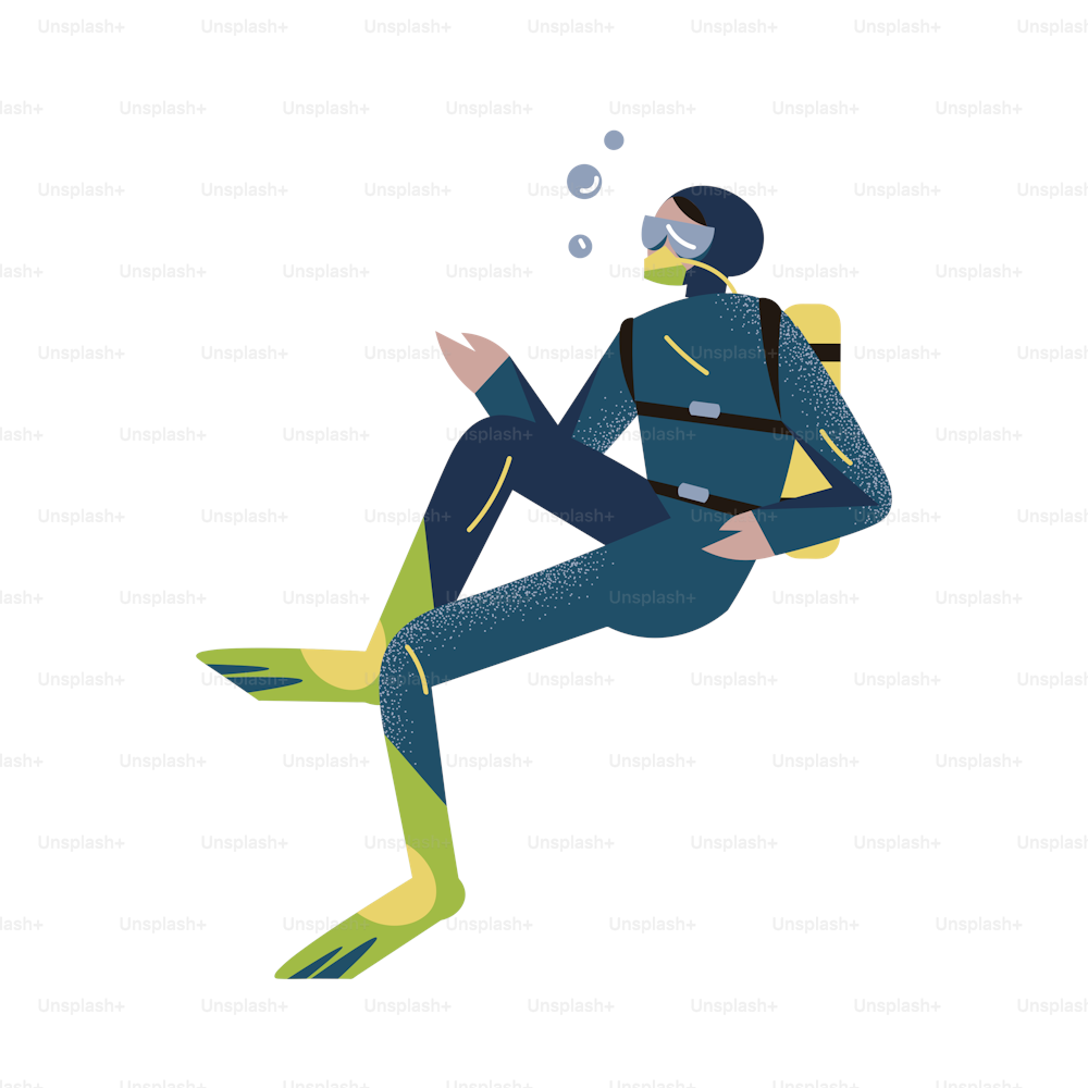 Scuba diver in the blue wetsuit and green flippers swimming underwater in the sea or ocean. Isolated vector icon illustration on a white background in cartoon style.