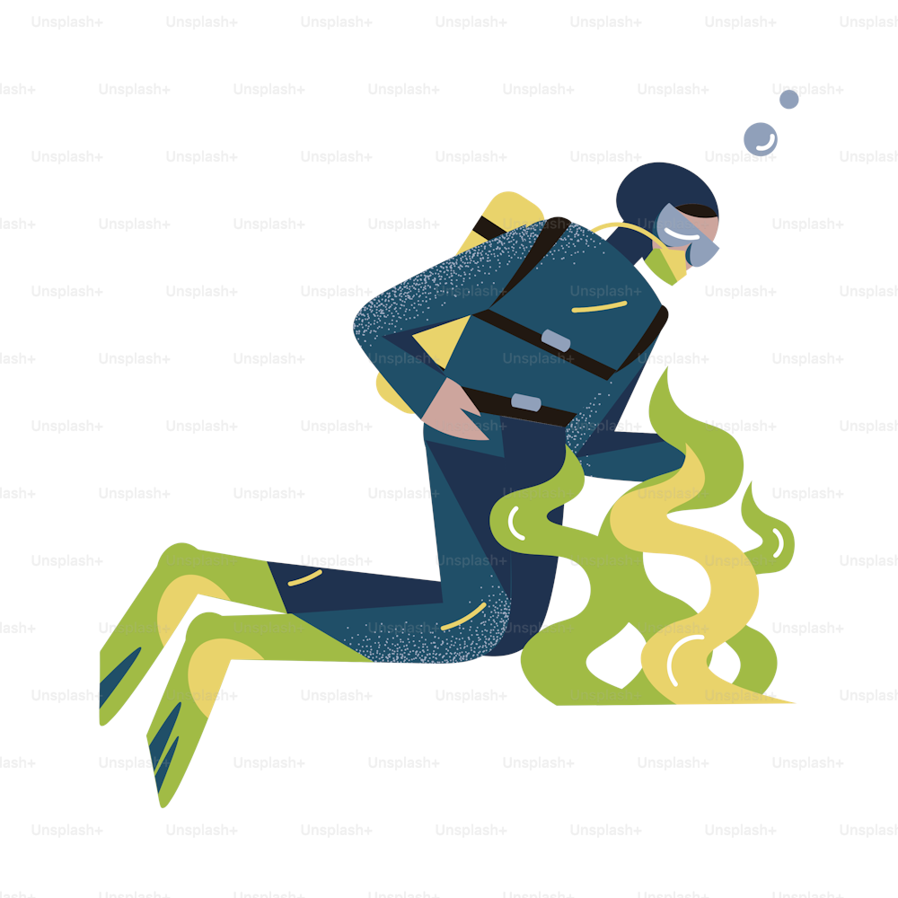 Scuba diver in the blue wetsuit and green flippers swimming underwater and diving near water plants in deep-sea or ocean. Isolated vector icon illustration on a white background in cartoon style.